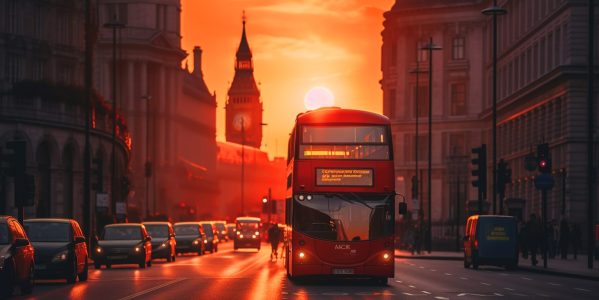 Red bus on road in London near Big Ben Clock Tower. Road traffic in London city. Big Ben in London on sunset. Red bus on City streets in England, UK, United Kingdom. Ai generative illustration.